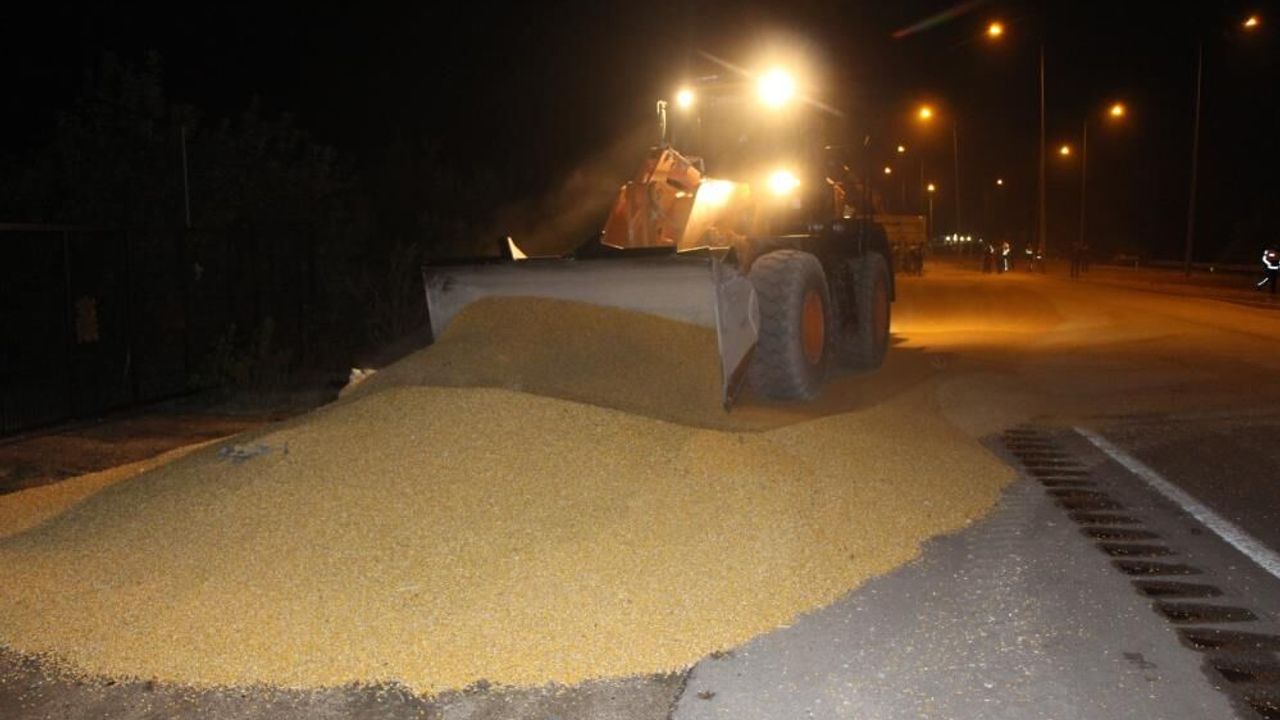 Su Şişesine Uzanırken Kaza Yapan Tır Devrildi: 25 Ton Mısır Yola Saçıldı