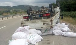 Lastiği patlayan kamyonet takla attı