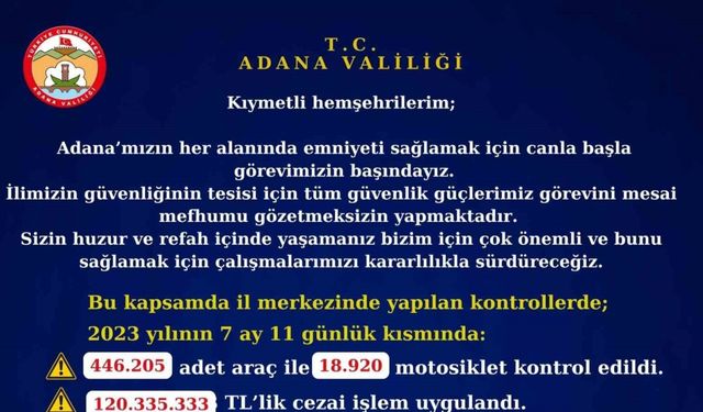 Adana’da trafik kontrollerinde rekor ceza: 468 milyon 719 bin 886 TL