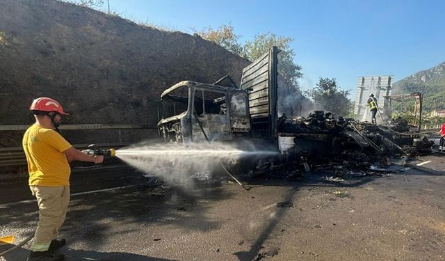 Seyir halindeki ambar yüklü tır alev aldı