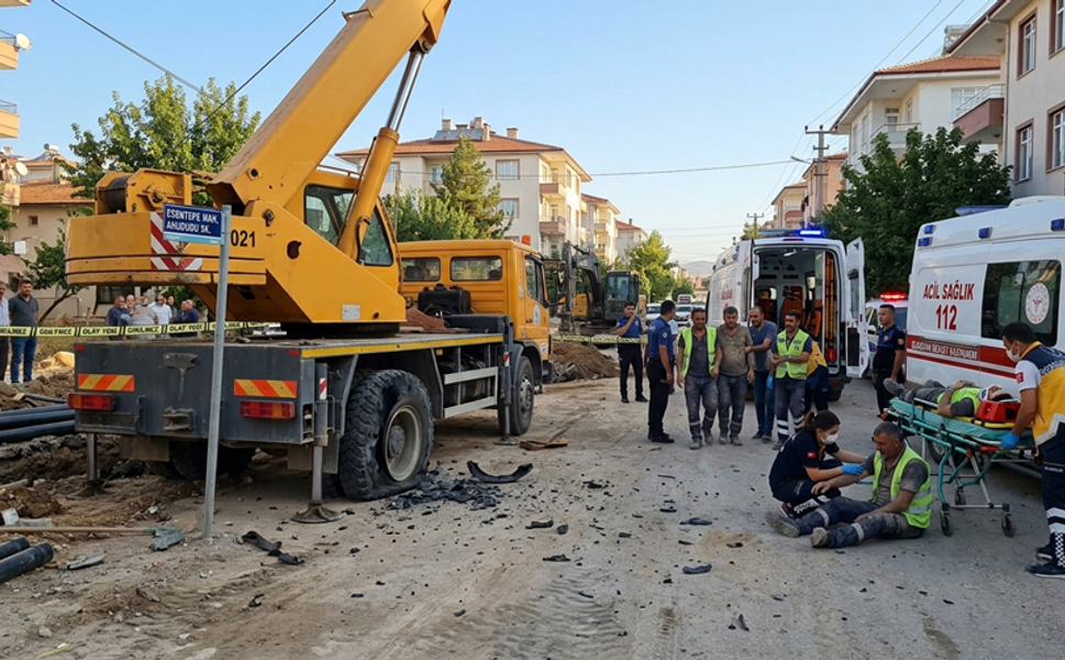 Altyapı Çalışmasında Vinç Lastiği Patladı: 5 İşçi Yaralandı