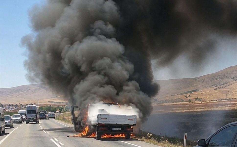 Seyir Halindeki Açık Kasa Kamyonet Alevlere Teslim Oldu