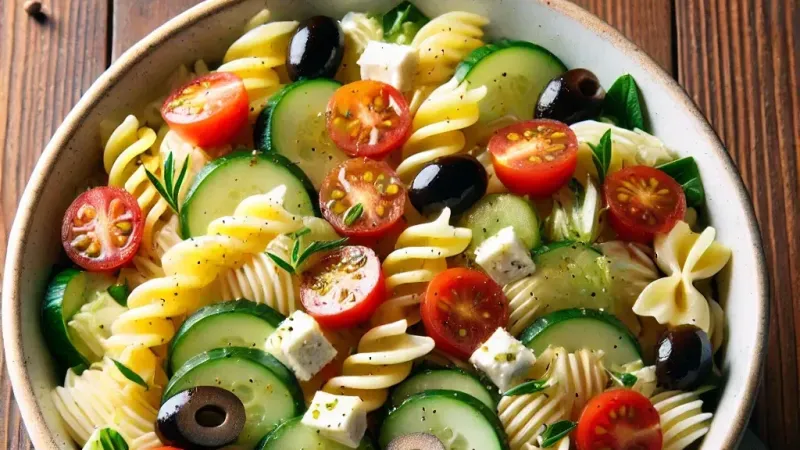 Dalle 2024 07 01 113012 A Bowl Of Pasta Salad With Ingredients Including Cooked Pasta Chopped Cherry Tomatoes Cucumber Slices Black Olives And Crumbled White Cheese The 1719823223