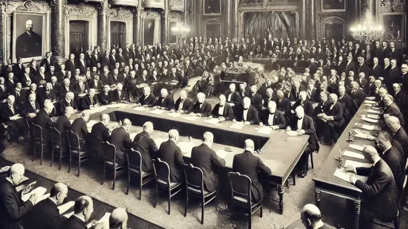 Dalle 2024 07 10 095628 A Historical Photograph Depicting The Signing Of The Treaty Of Lausanne In 1923 The Scene Shows Delegates From Various Countries Gathered Around A La 1720594912