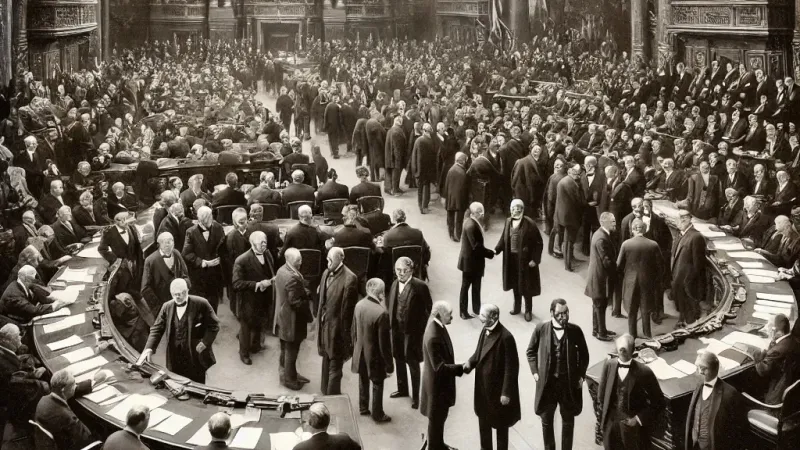 Dalle 2024 07 10 095643 A Historical Photograph Depicting The Aftermath Of The Treaty Of Lausanne Signing In 1923 The Scene Shows Delegates From Various Countries Shaking Ha 1720594918