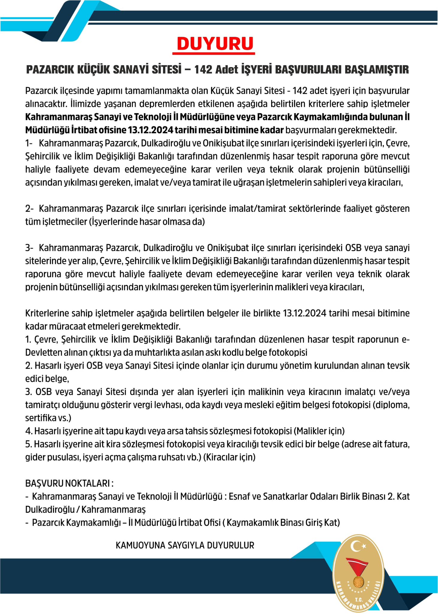 Pazarcık Küçük Sanayi Sitesi İşyeri Başvuruları Başladı1