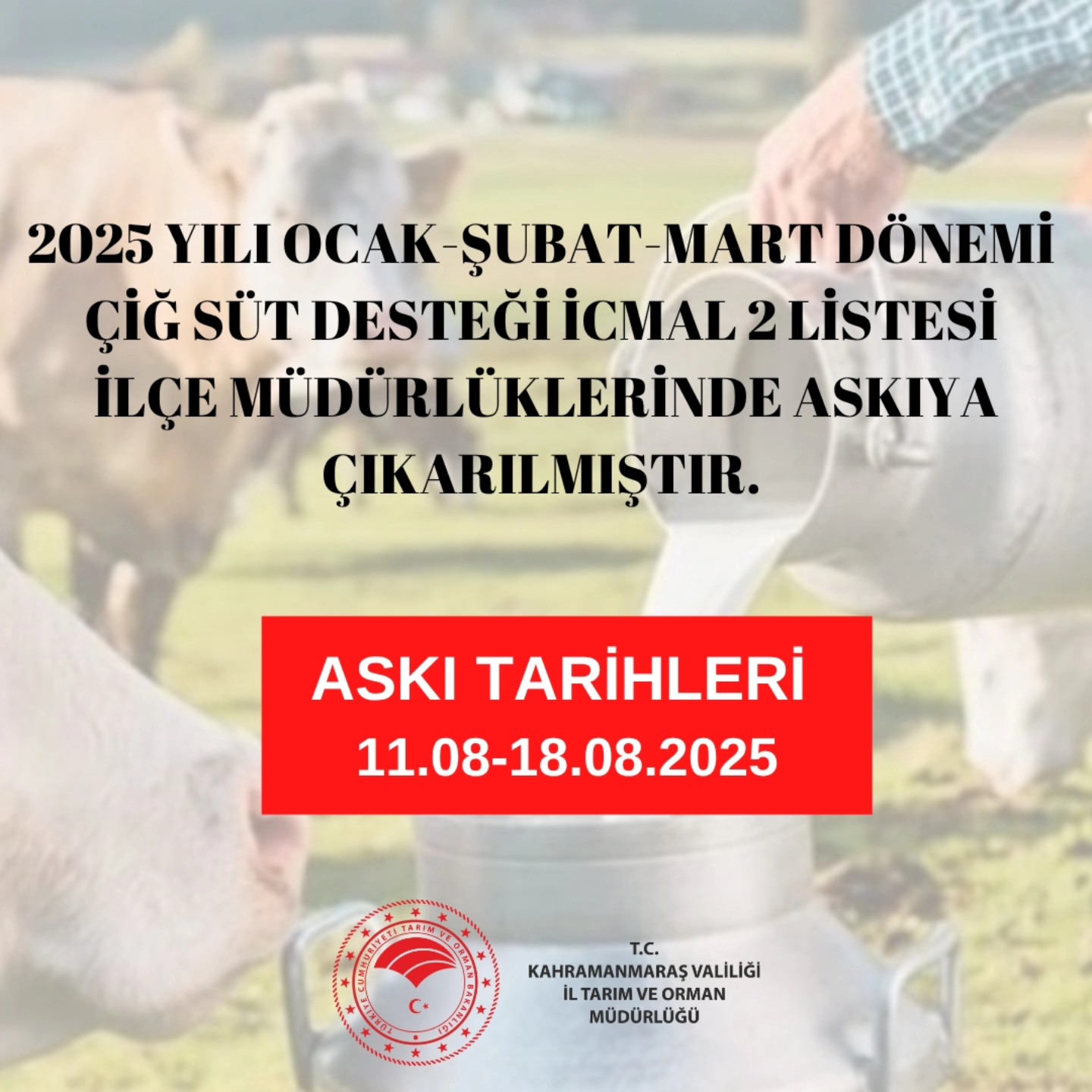2025 Ocak Şubat Mart Dönemi Çiğ Süt Desteği İcmal 2 Listesi Askıya Çıkarıldı