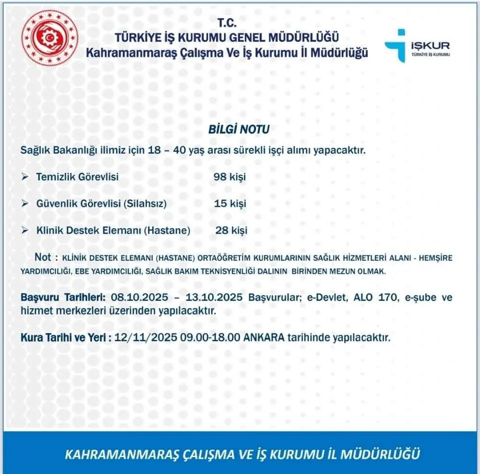 Sağlık Bakanlığı Kahramanmaraş’ta 141 Sürekli İşçi Alacak
