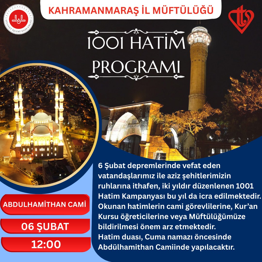 Kahramanmaraş’ta 1001 Hatim Dua Programı Düzenleniyor