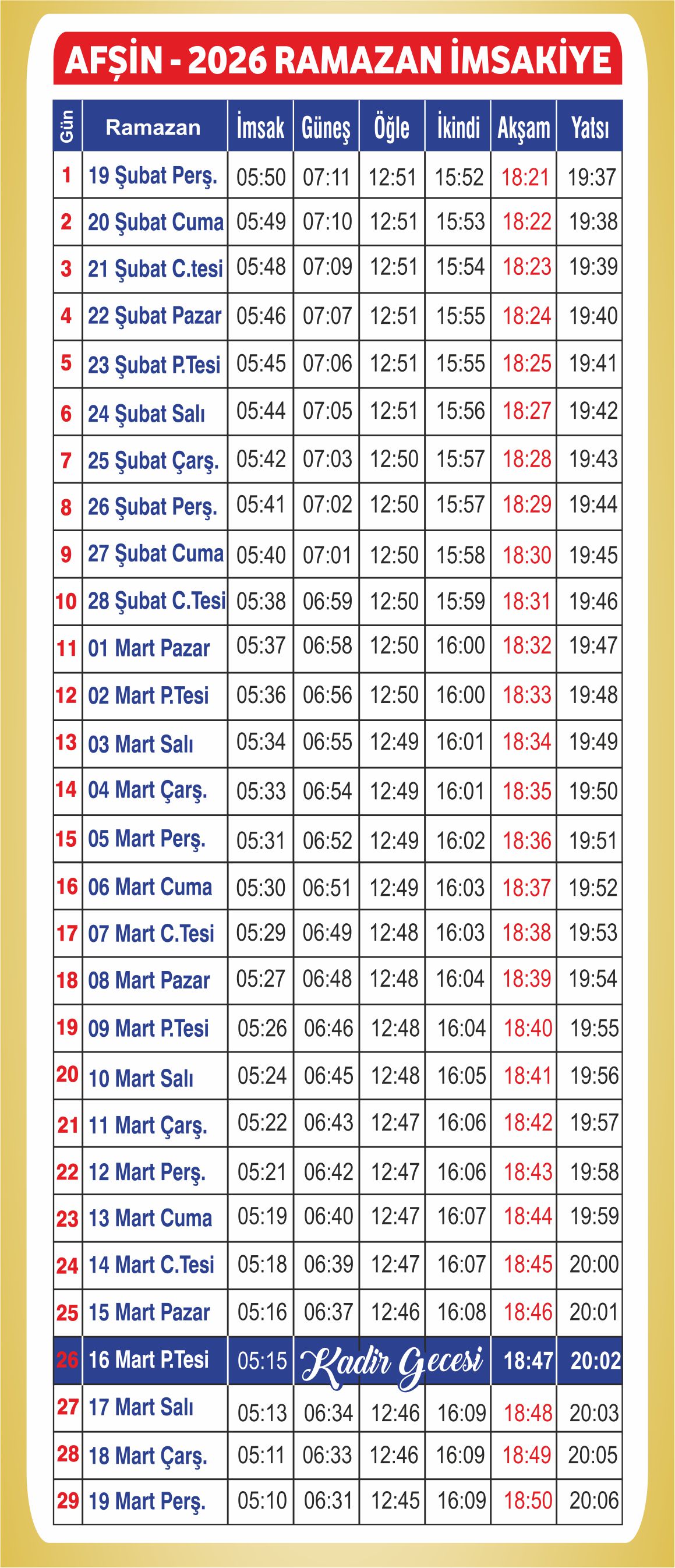 Afşin 2026 Ramazan Imsakiyesi