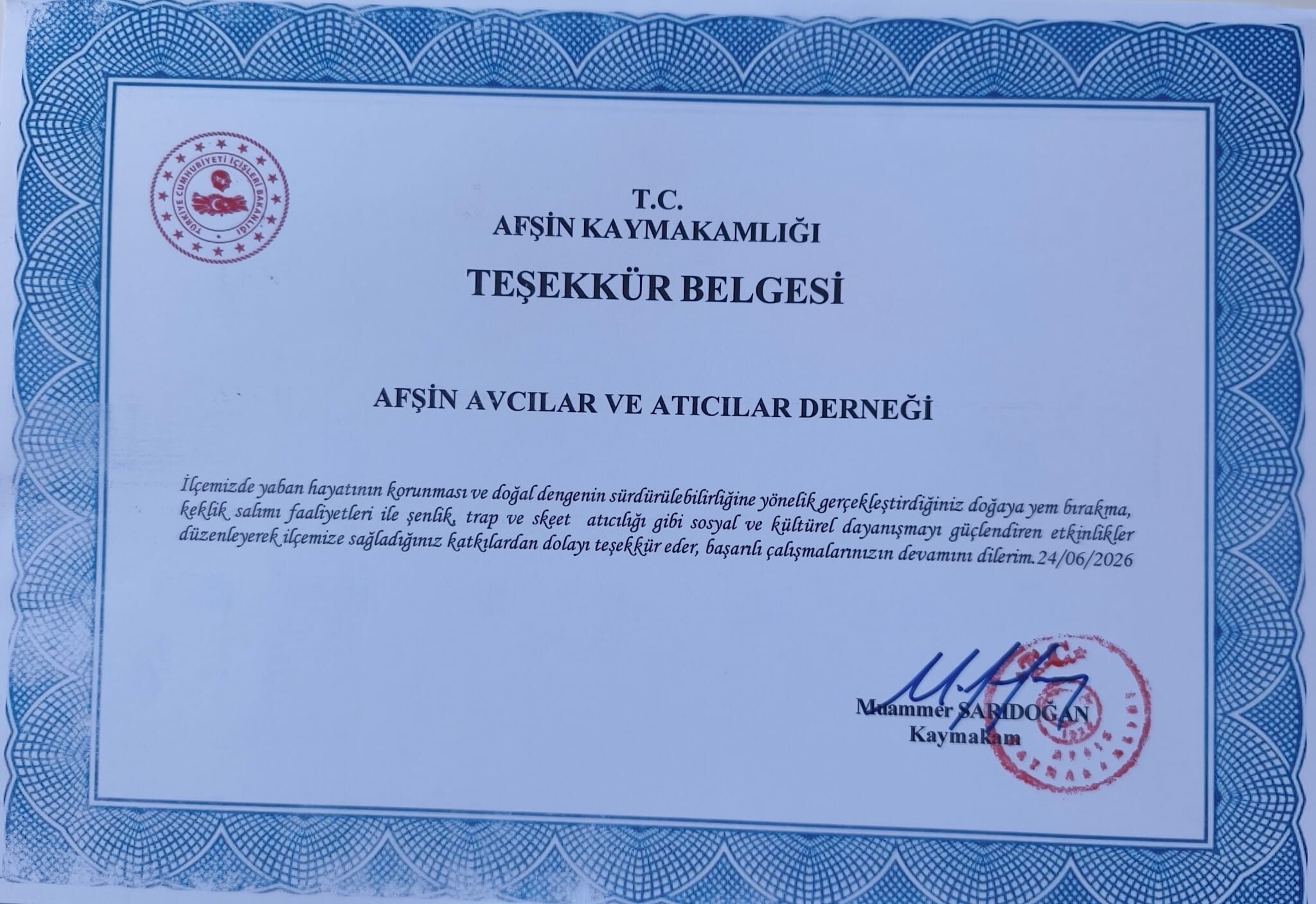 Kaymakam Sarıdoğan’dan Afşin Avcılar Ve Atıcılar Derneği’ne Teşekkür Belgesi (2)