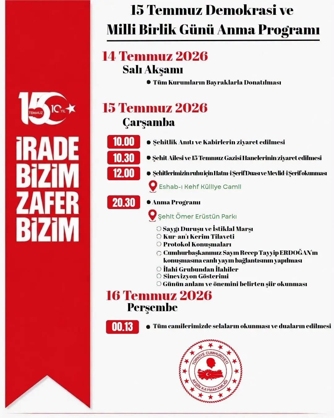 Afşin’de 15 Temmuz Demokrasi Ve Milli Birlik Günü Programı Belli Oldu