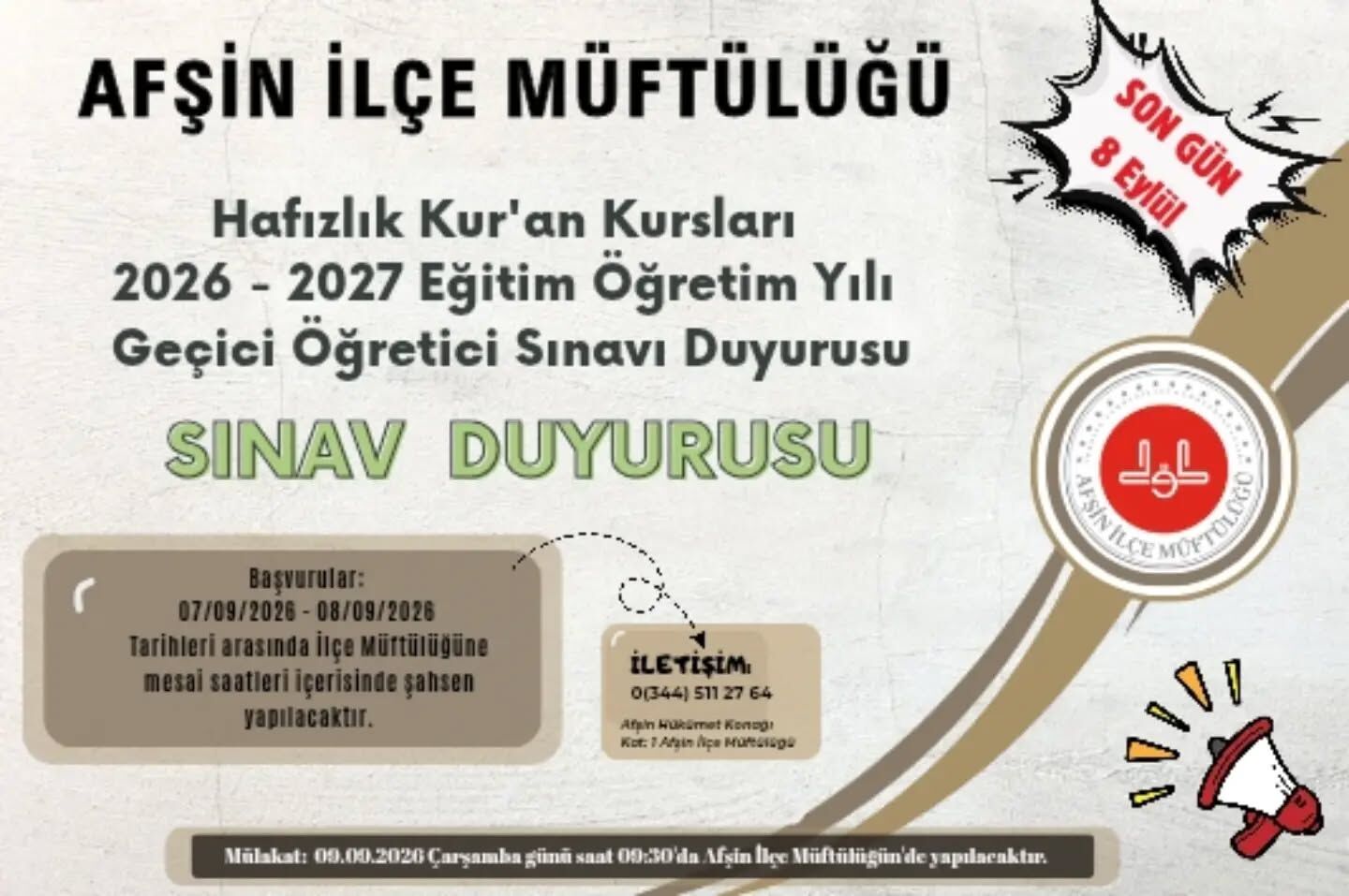 Afşin’de Geçici Kur’an Kursu Öğreticisi Alımı Başlıyor! Başvuru Tarihleri Belli Oldu (1)