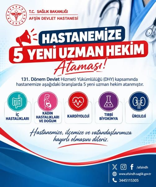 Afşin Devlet Hastanesi’ne 5 Yeni Uzman Hekim Atandı